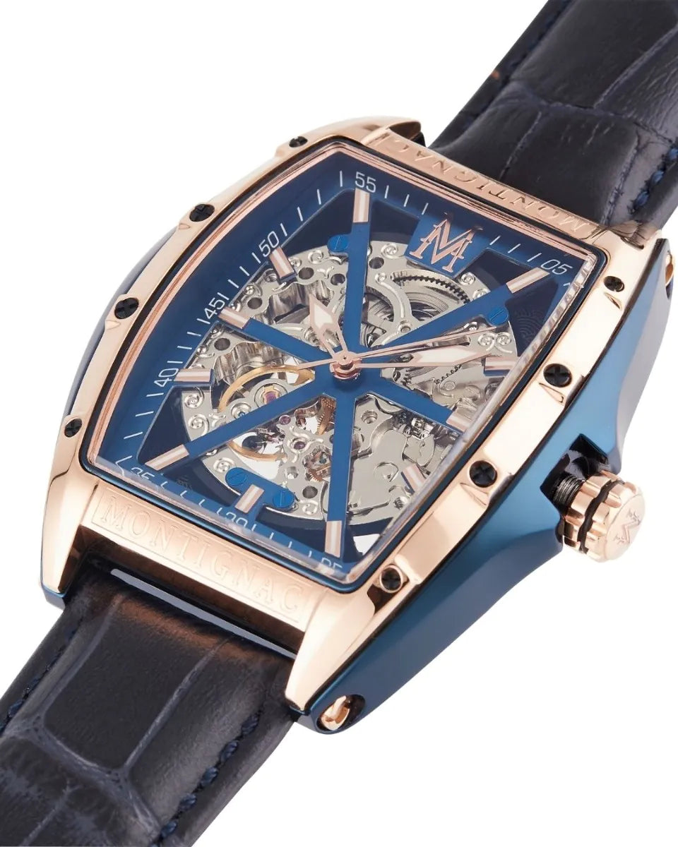 Luxury watch with black leather strap and rose gold case on white background