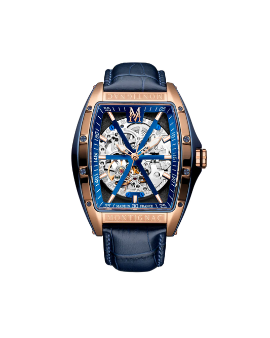 Luxury watch with blue strap and rose gold case on a white background