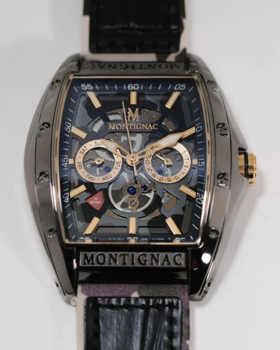 Montignac watch with black strap and detailed face on a white background