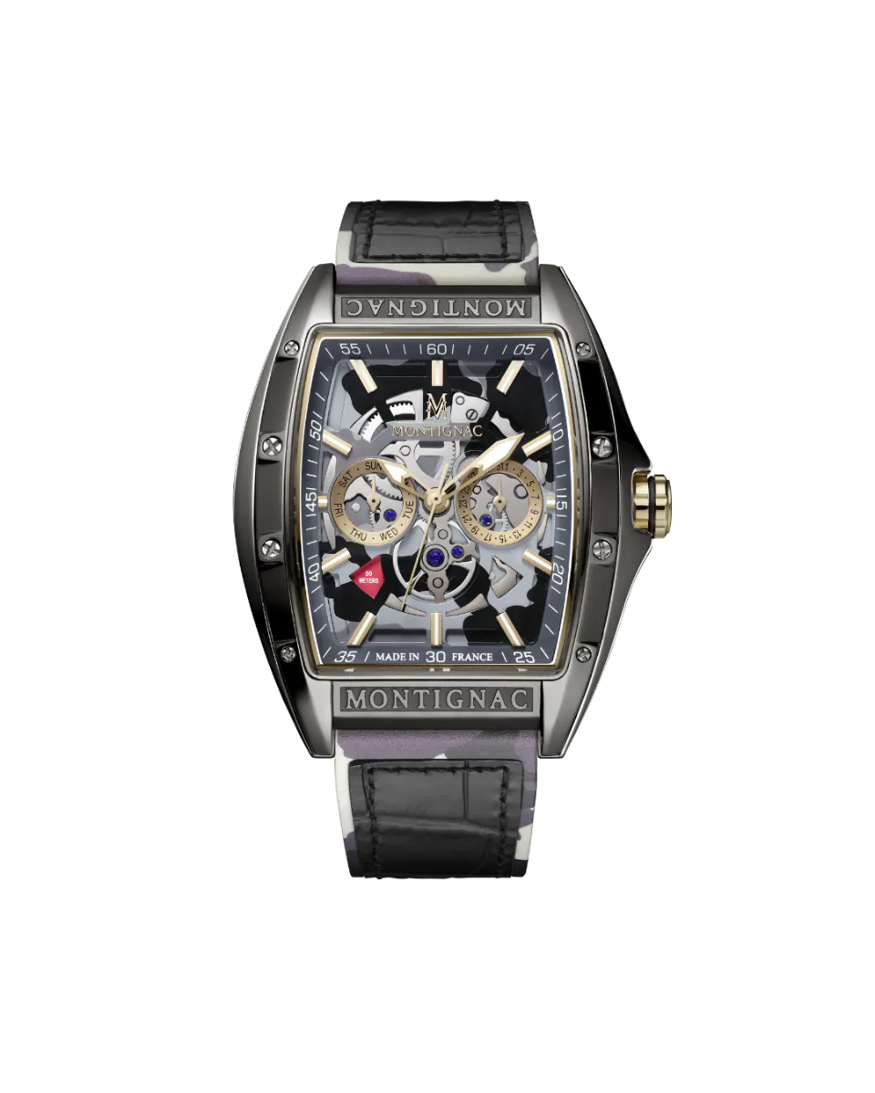 Montignac watch with black leather strap and transparent face on a white background
Salam Luxury