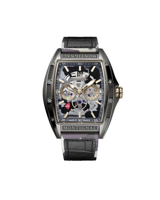 Montignac watch with black leather strap and transparent face on a white background
Salam Luxury