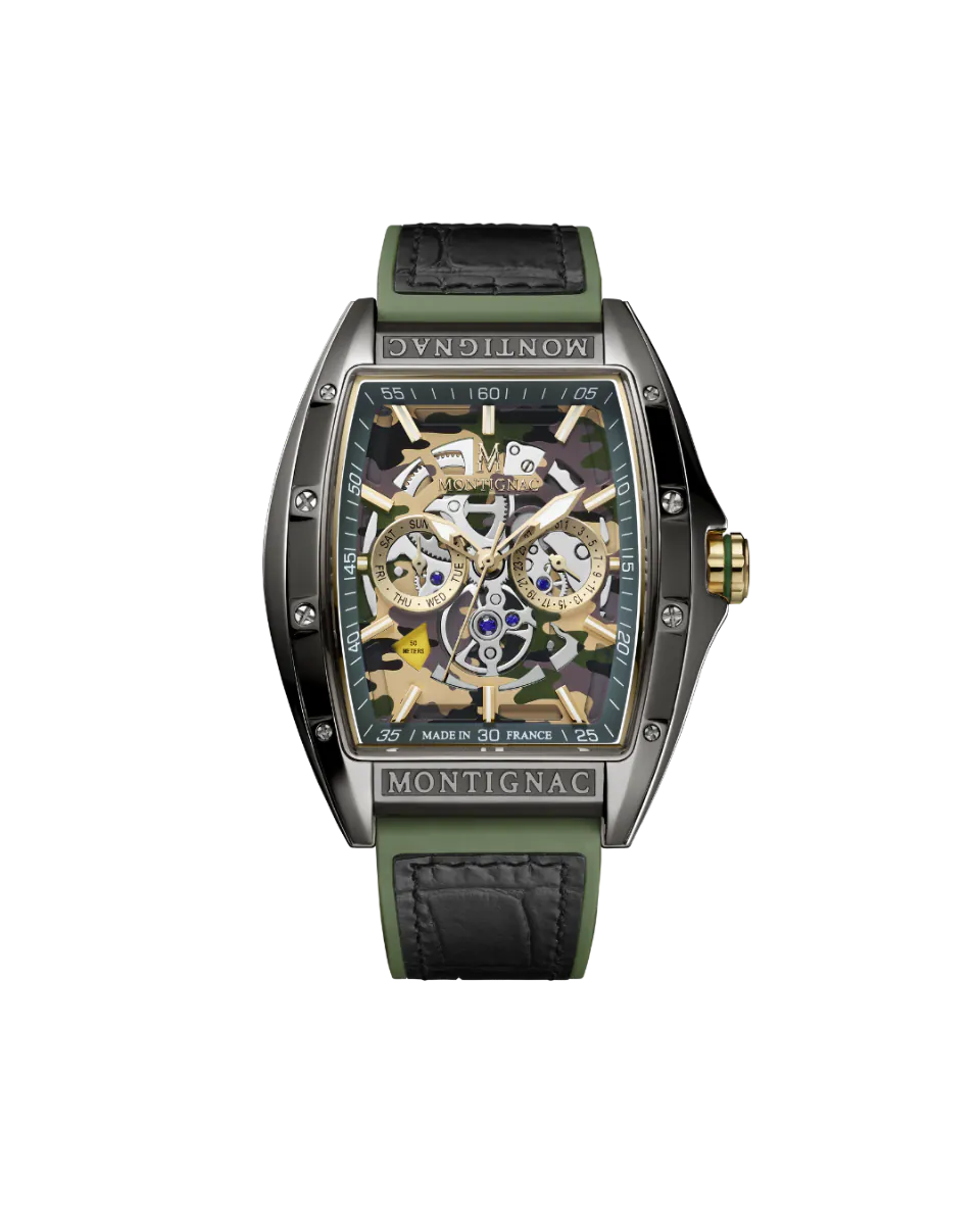 Montignac watch with green leather strap on a white background