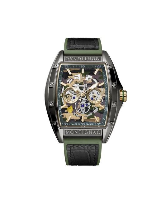 Montignac watch with green leather strap on a white background