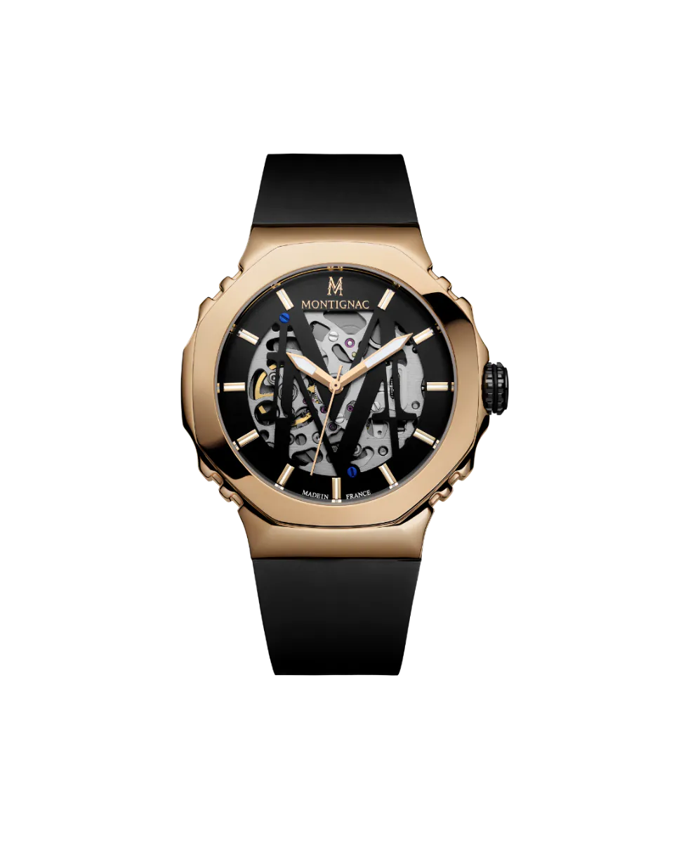Luxury watch with black strap and rose gold case on a white background
Salam Luxury