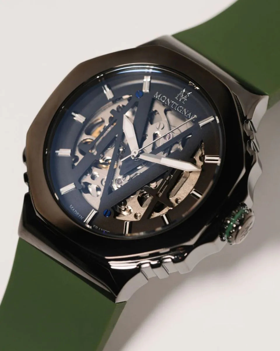 Sleek watch with a transparent face on a light gray background