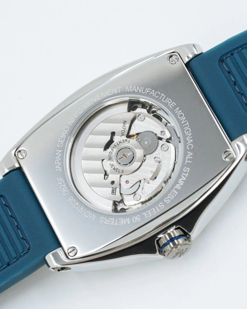 Close-up of a watch with a blue strap and visible mechanical components on a white background
Salam Luxury