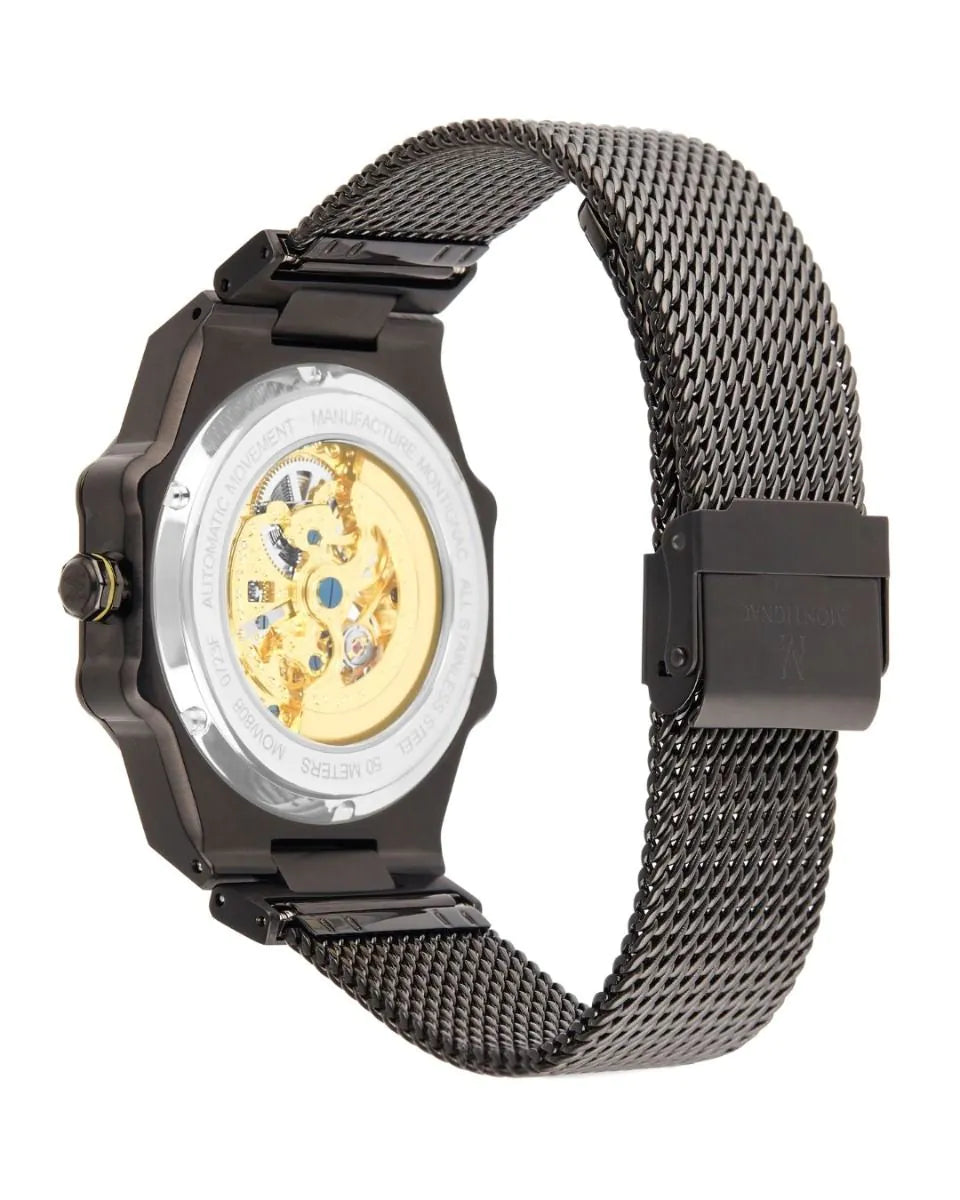Watch with black mesh strap and gold mechanical components on a white background
Salam Luxury