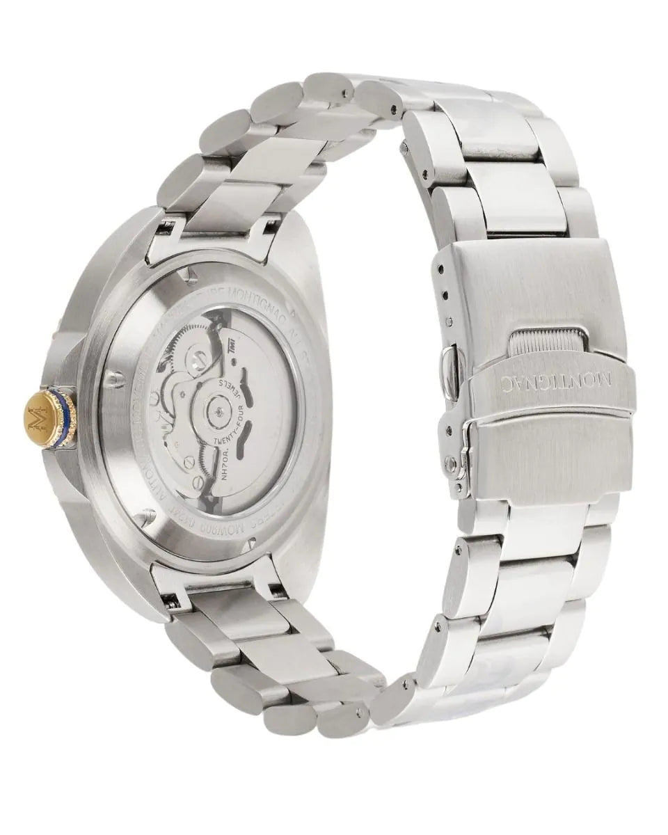 Silver watch with a metal band on a white background