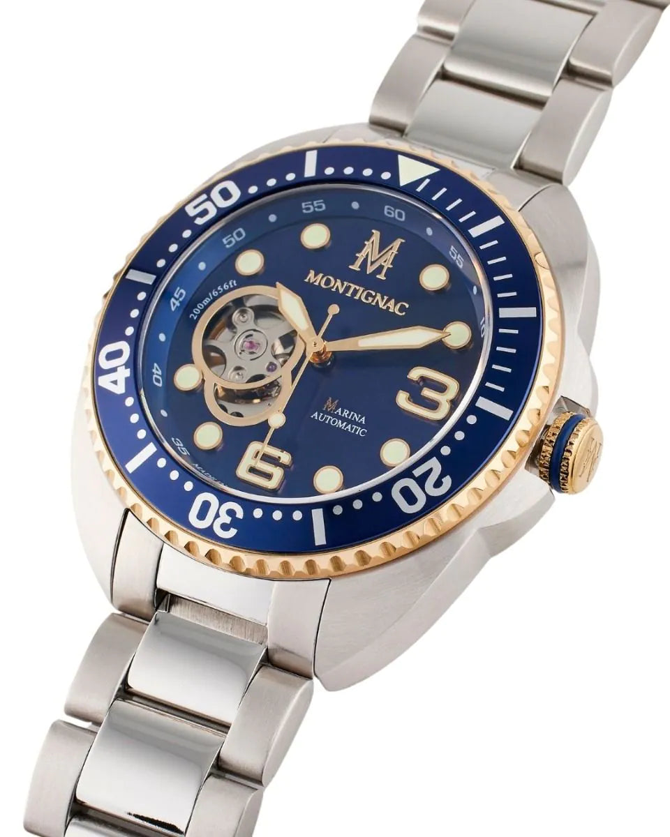 Montignac watch with blue dial and silver bracelet on a white background