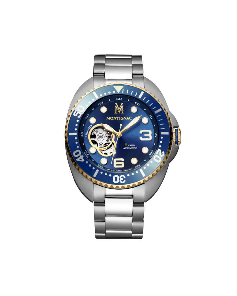 Montignac watch with blue dial and silver bracelet on a white background