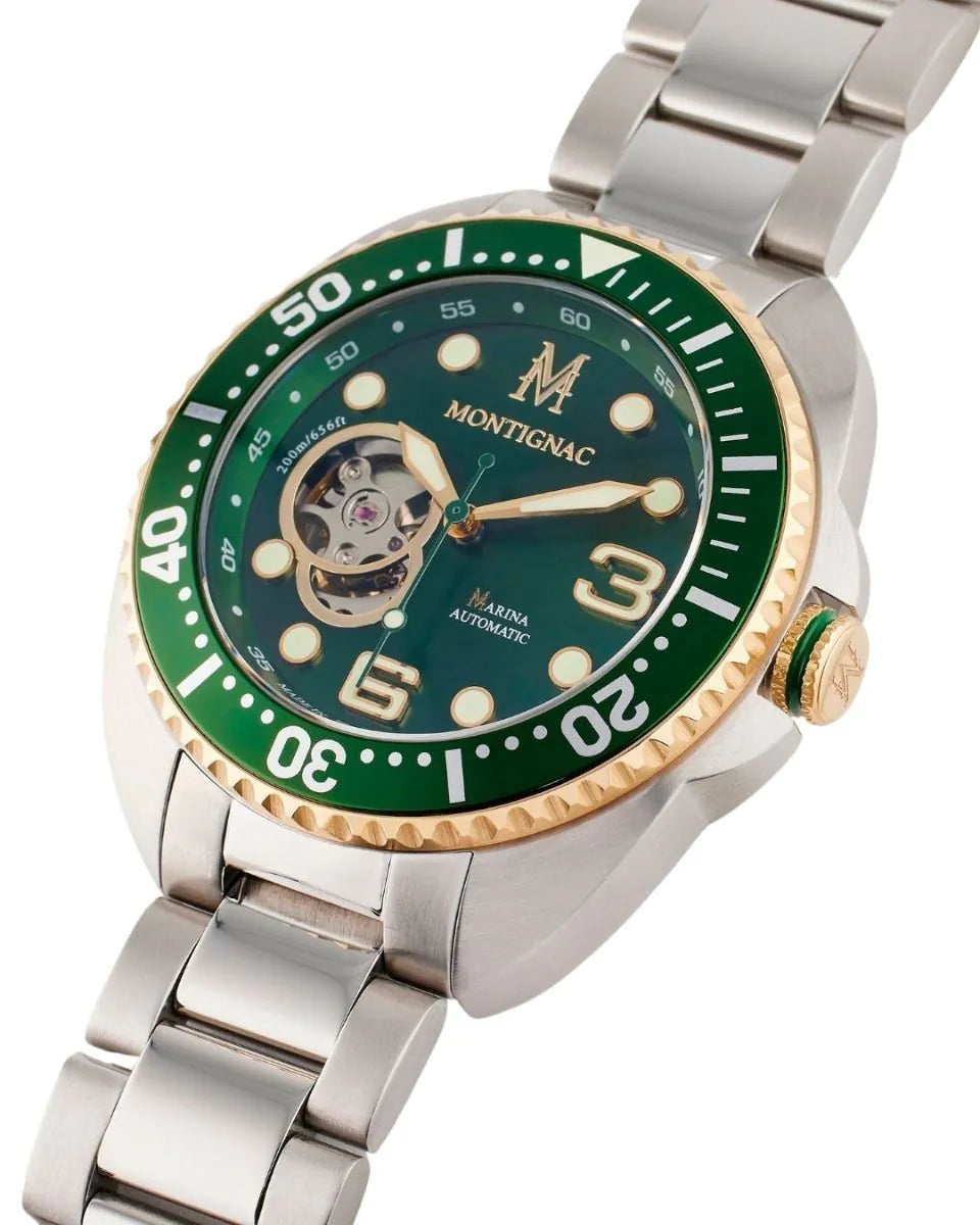 Montignac watch with green dial and silver bracelet on a white background