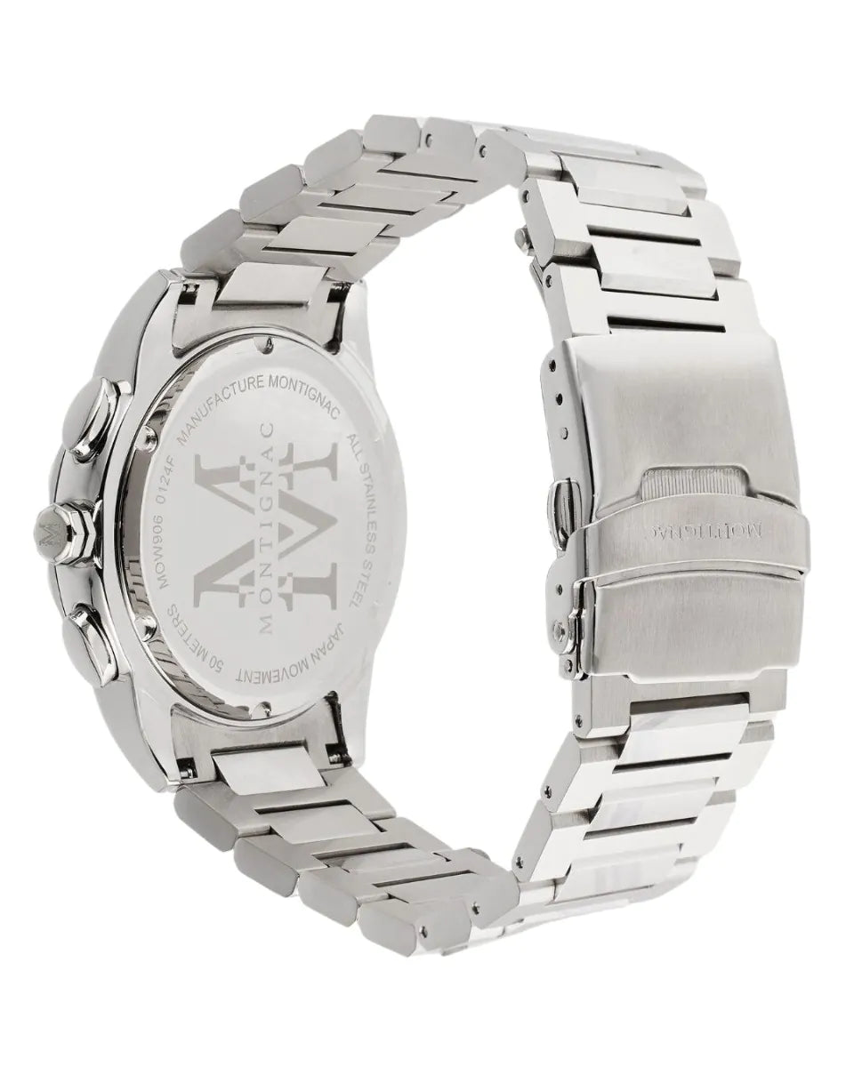 Silver watch with a metal band on a white background
