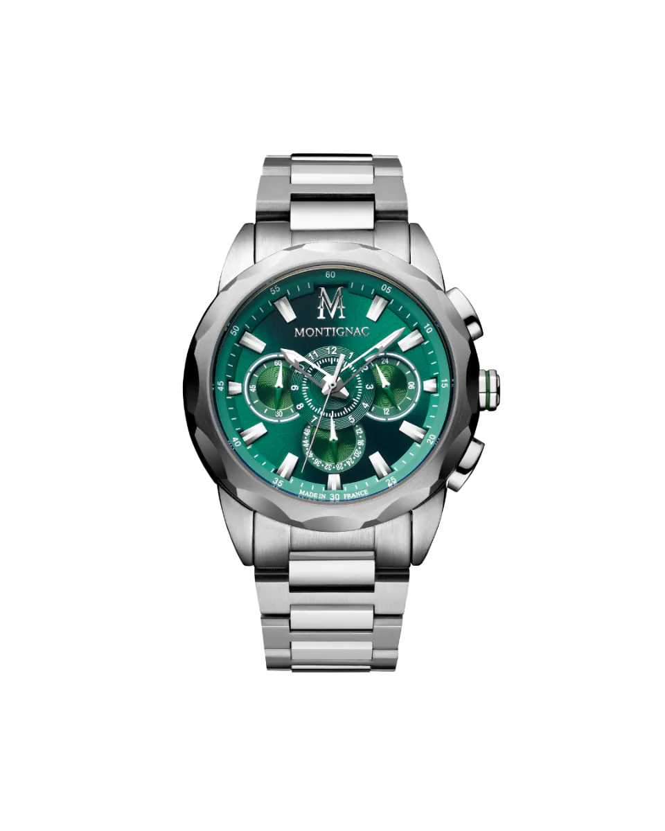 Silver watch with a green face on a white background
Salam Luxury
