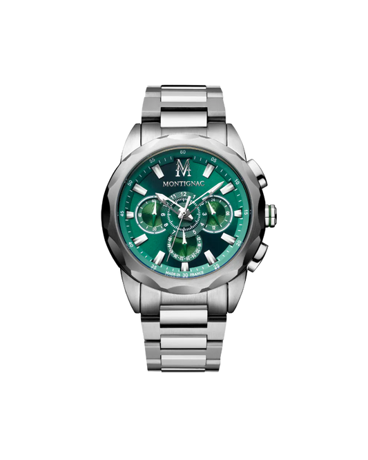 Silver watch with a green face on a white background
Salam Luxury