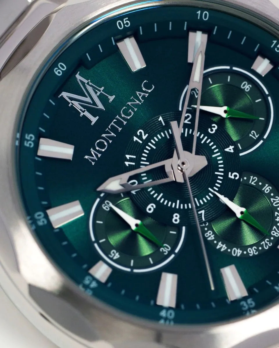 Montignac watch with green face and silver accents