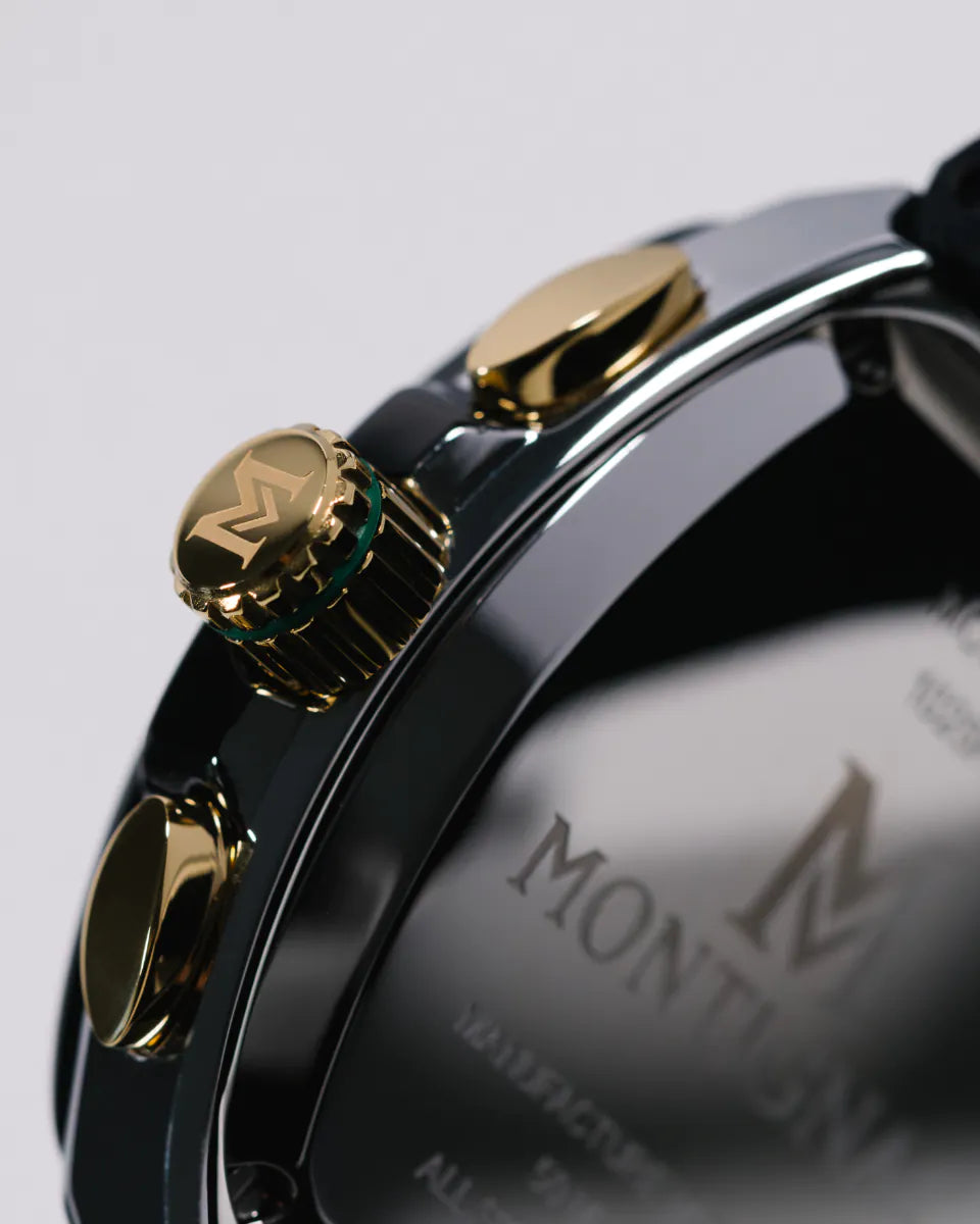 Black | Close-up of a watch with gold accents and Montignac branding.
Salam Luxury
