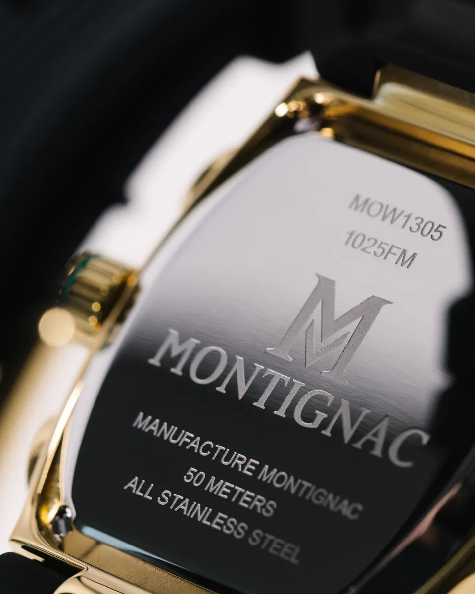 Green | Close-up of a Montignac watch with gold case and black face.
Salam Luxury