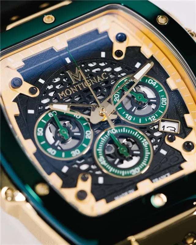 Green | Luxury Montignac watch with green and gold details on a white background
Salam Luxury
