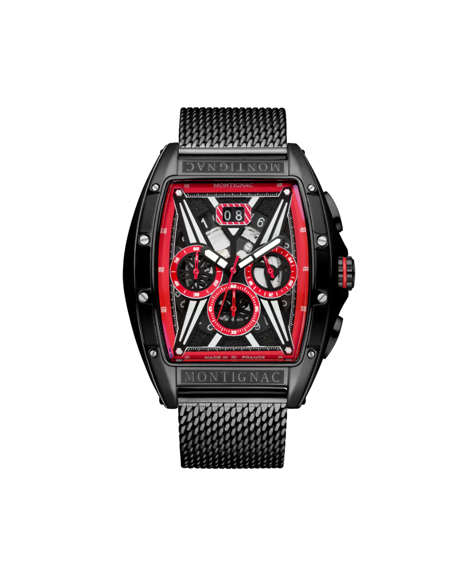 Montignac watch with black mesh strap and red face on a white background
Salam Luxury