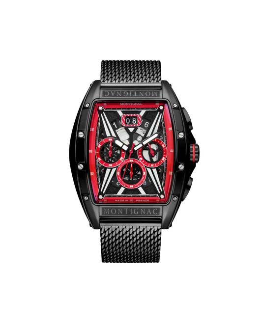 Montignac watch with black mesh strap and red face on a white background
Salam Luxury