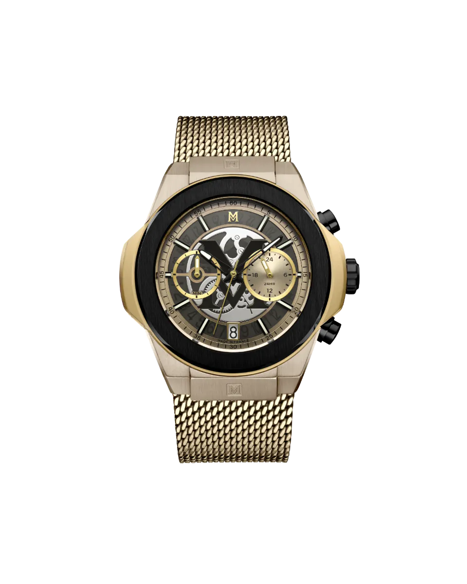 Champagne | Gold watch with a detailed face on a white background
Salam Luxury