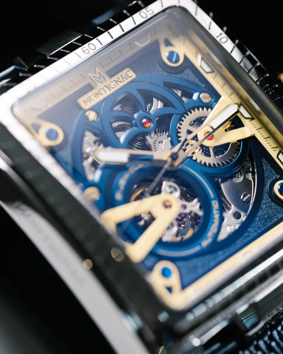 Close-up of a mechanical watch with intricate gears and blue 
accents.
Salam Luxury