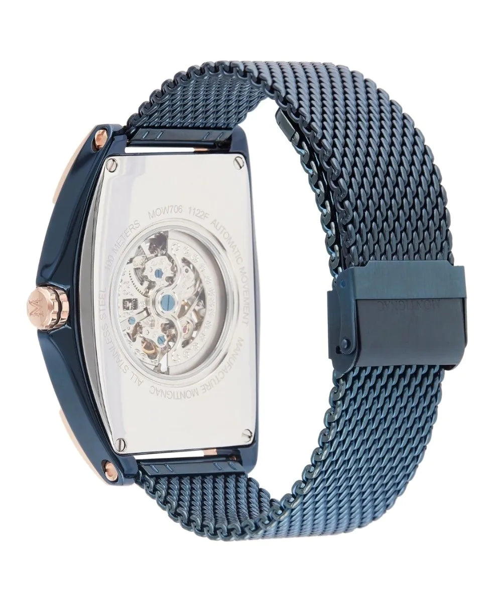 Watch with blue mesh strap and visible mechanical components on a white background
Salam Luxury