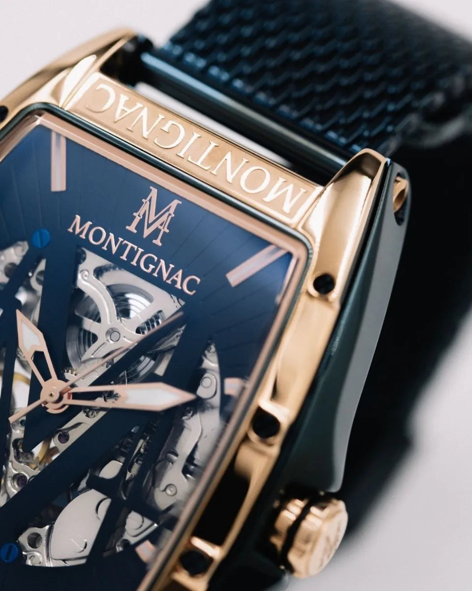 Montignac watch with blue face and gold casing on a white background
Salam Luxury