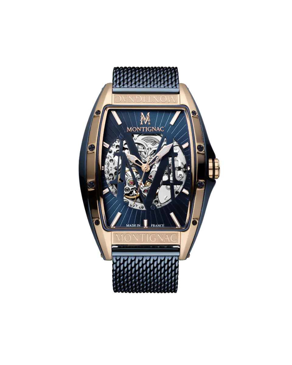 Montignac watch with blue face and mesh band on a white background
Salam Luxury