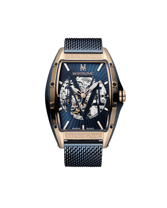 Montignac watch with blue face and mesh band on a white background
Salam Luxury