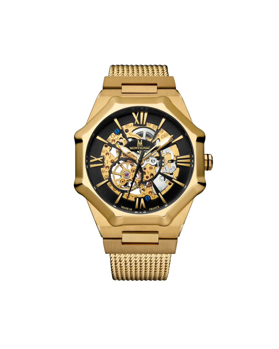 Gold wristwatch with a black face on a white background
Salam Luxury
