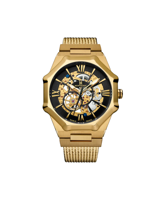 Gold wristwatch with a black face on a white background
Salam Luxury