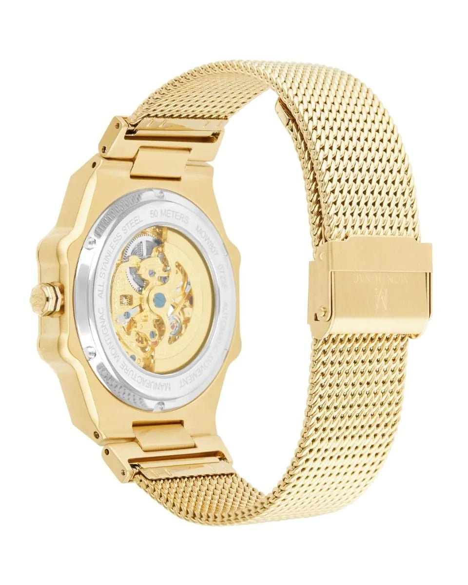 Gold watch with a mesh band on a white background
Salam Luxury