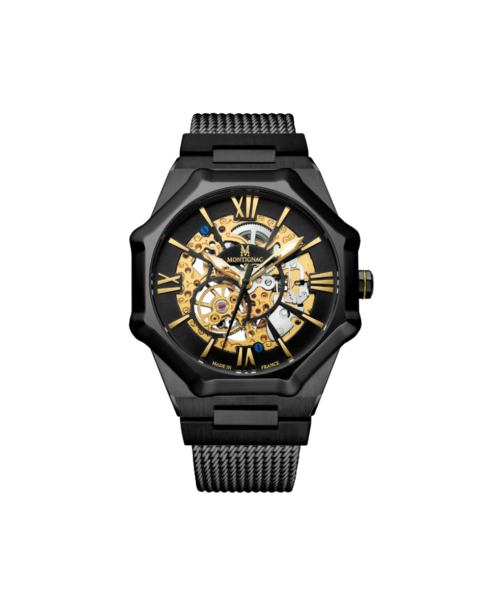 Black and gold watch with intricate design on a white background
Salam Luxury