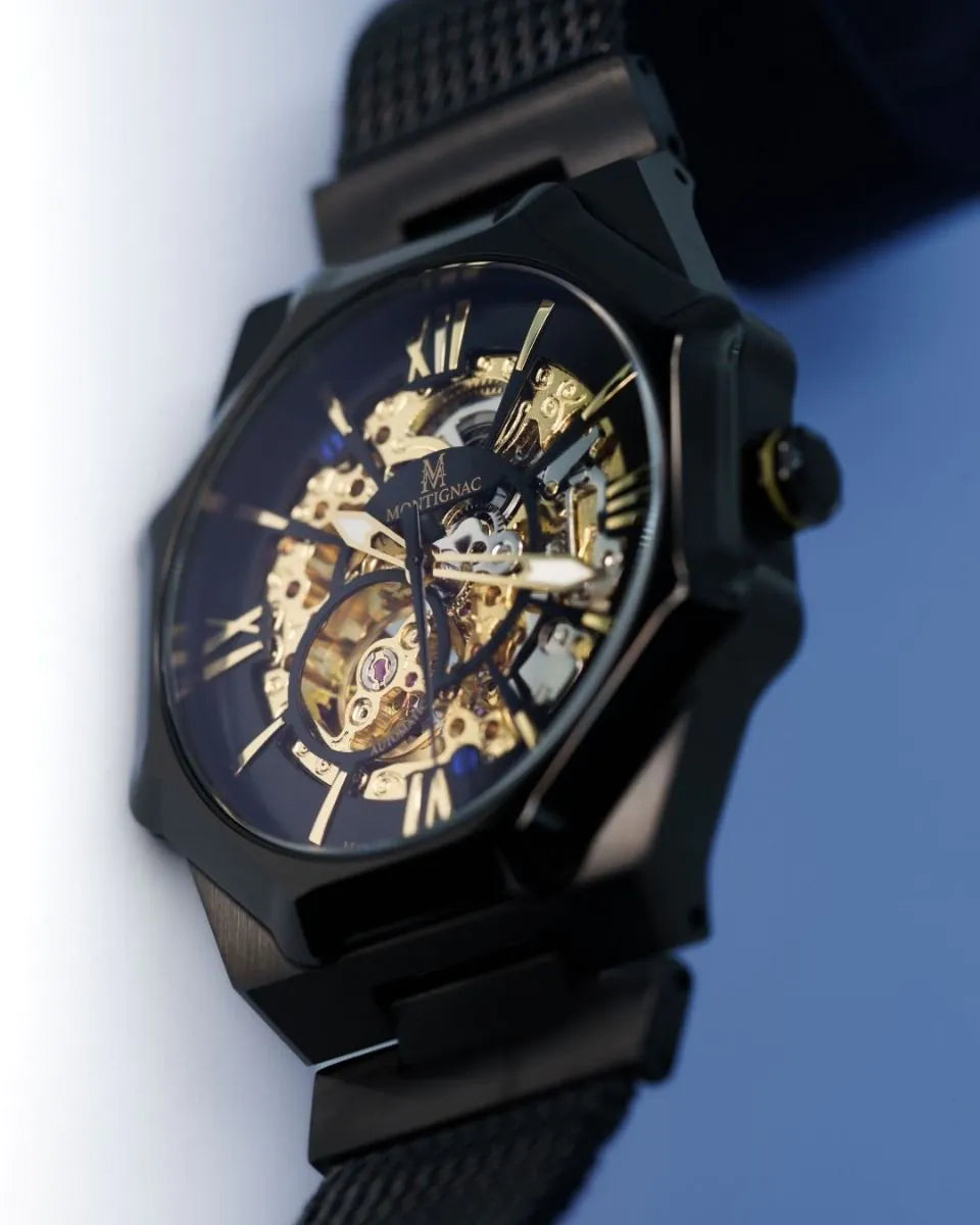 Black wristwatch with a detailed mechanical face on a white background
Salam Luxury