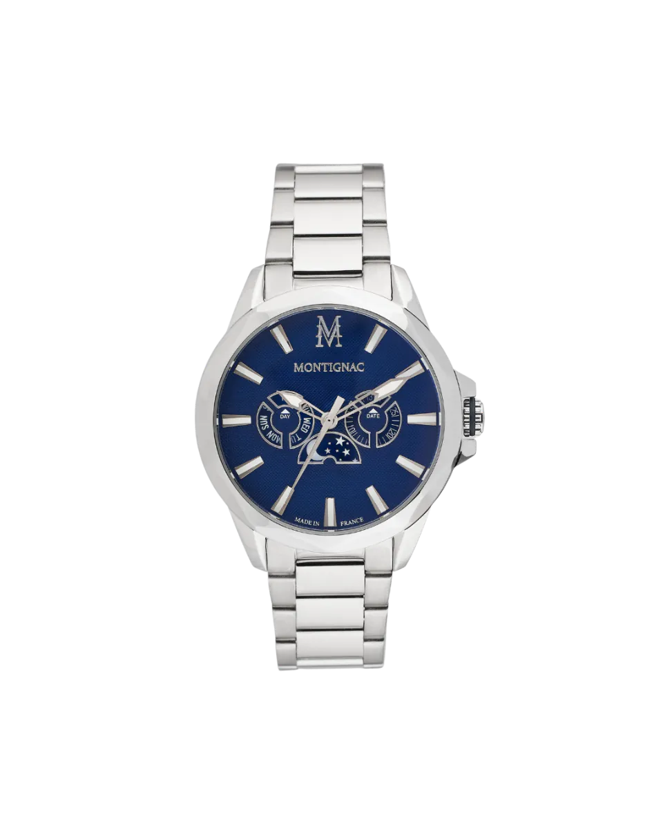 Silver watch with a blue face on a white background
Salam Luxury