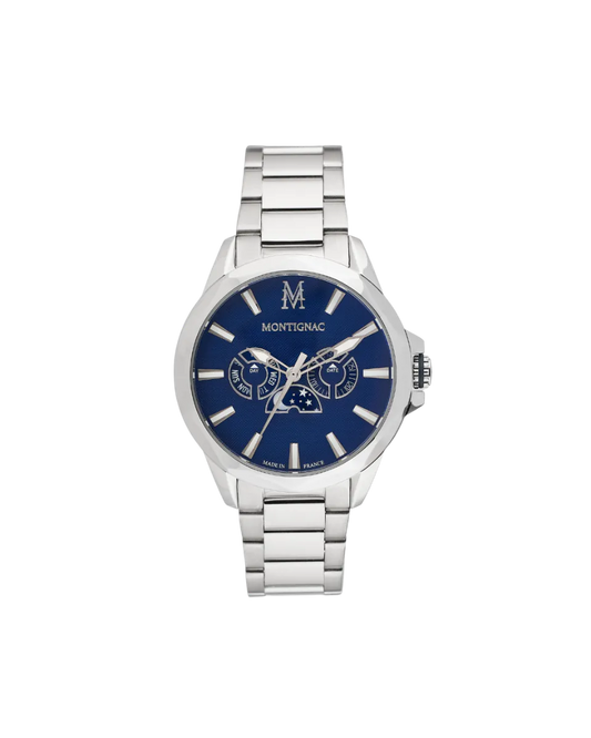 Silver watch with a blue face on a white background
Salam Luxury