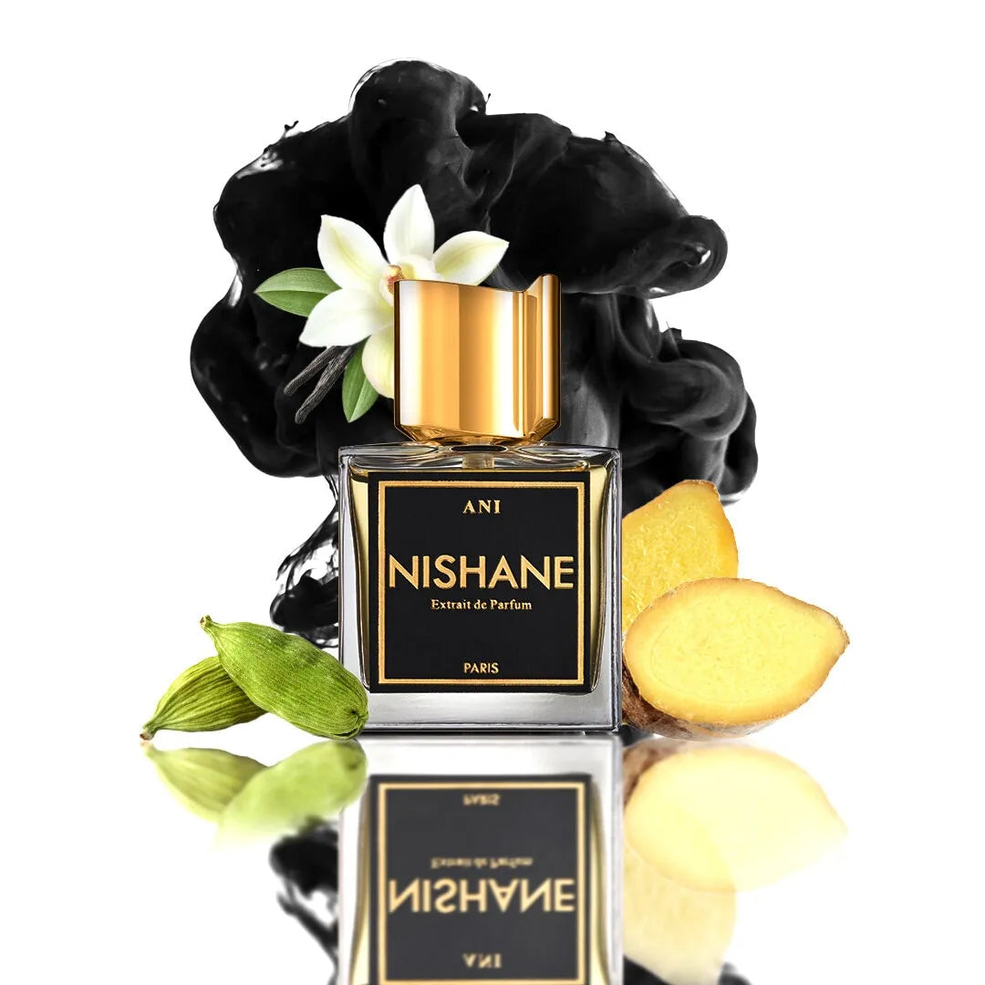 Nishane Ani 100ml bottle displayed with vanilla and ginger notes representation