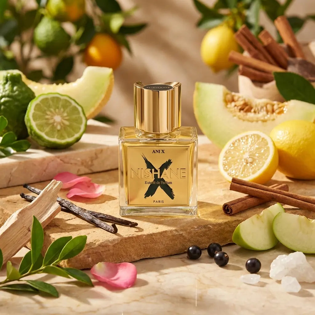 Nishane Ani X 100ml bottle displayed with citrus, vanilla, and fresh ingredient notes representation.