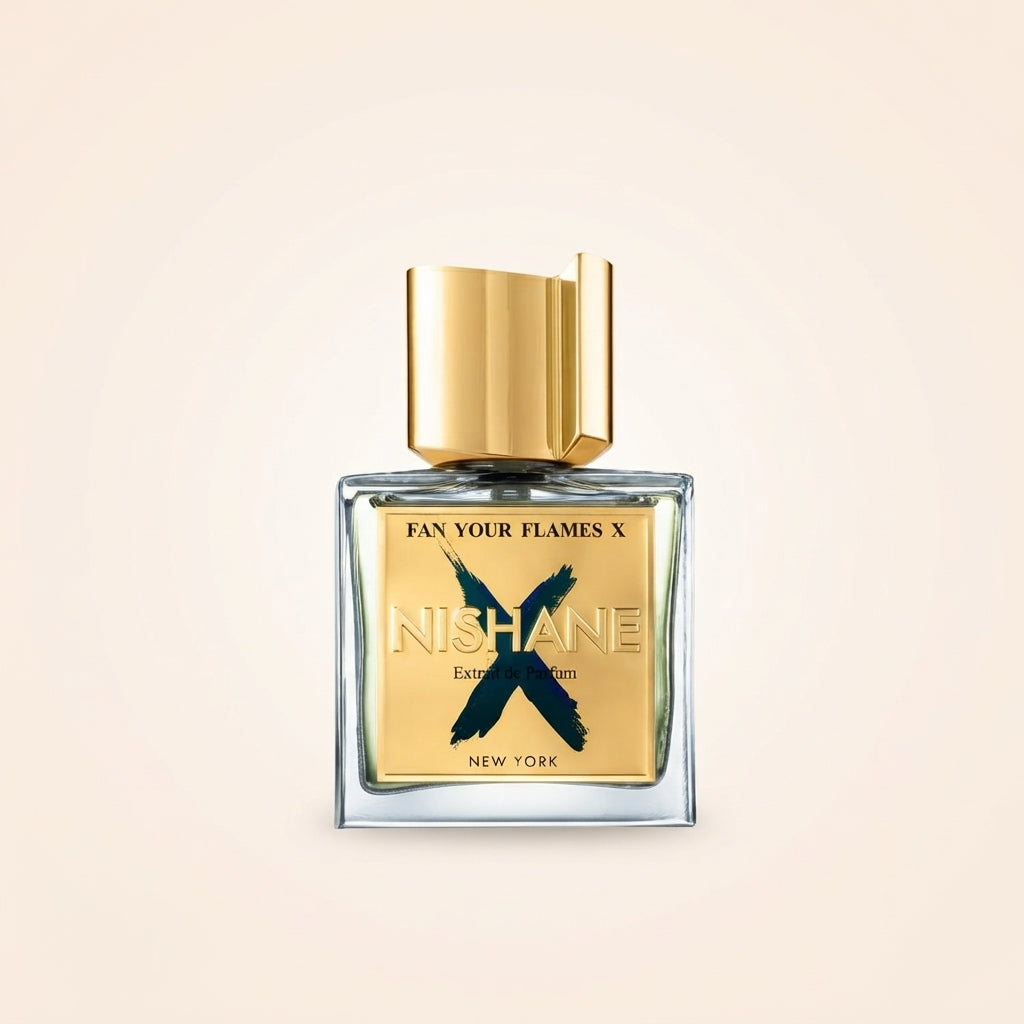 Nishane Fan Your Flames X Extrait de Parfum 100ml bottle with gold cap and black X logo on Salam Luxury