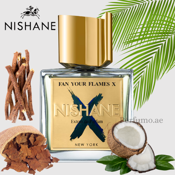 Nishane Fan Your Flames X 100ml bottle displayed with coconut, tobacco, and tropical notes representation