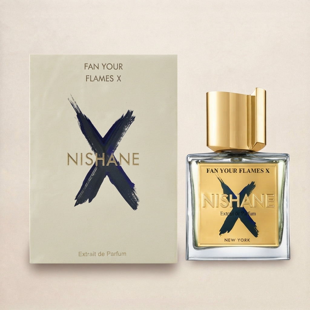 Nishane Fan Your Flames X 100ml luxury niche fragrance box and bottle packaging at Salam Luxury