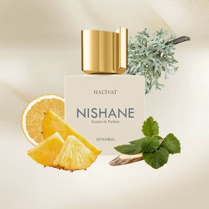 Nishane Hacivat 100ml bottle displayed with pineapple and citrus notes representation
