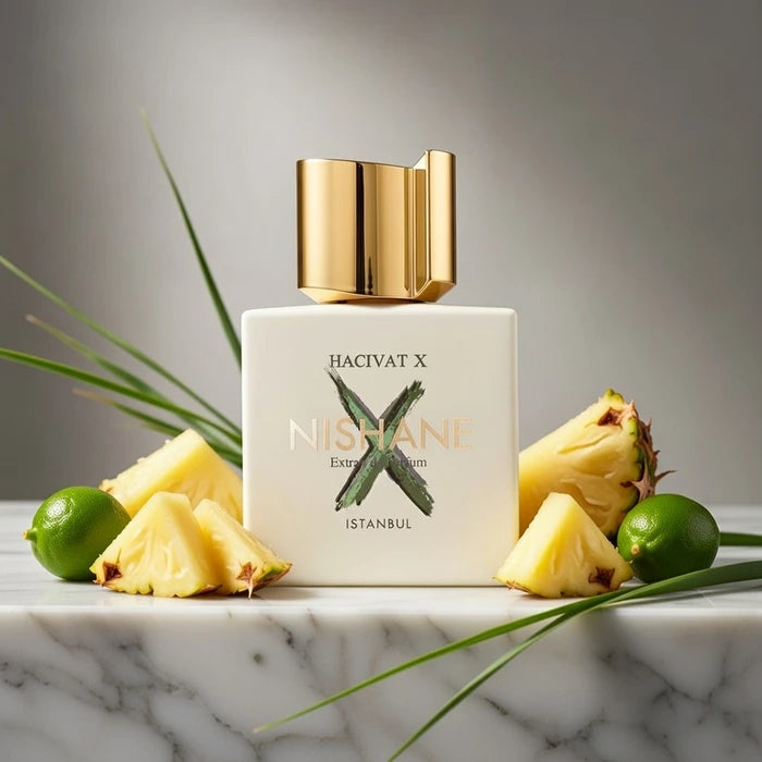 Nishane Hacivat X 100ml bottle displayed with pineapple, lime, and fresh notes representation