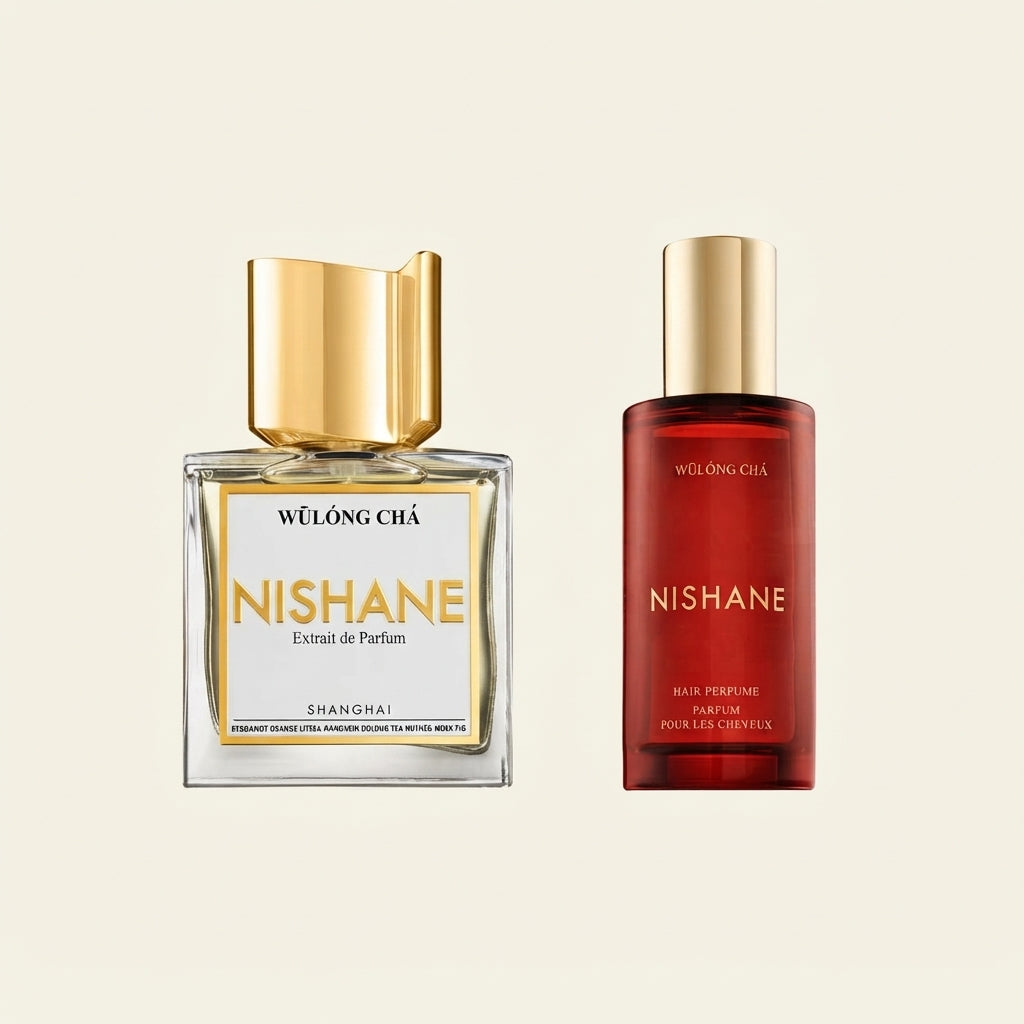 Nishane Wūlong Chá gift set featuring a 50ml extract de parfum bottle and hair perfume at Salam Luxury