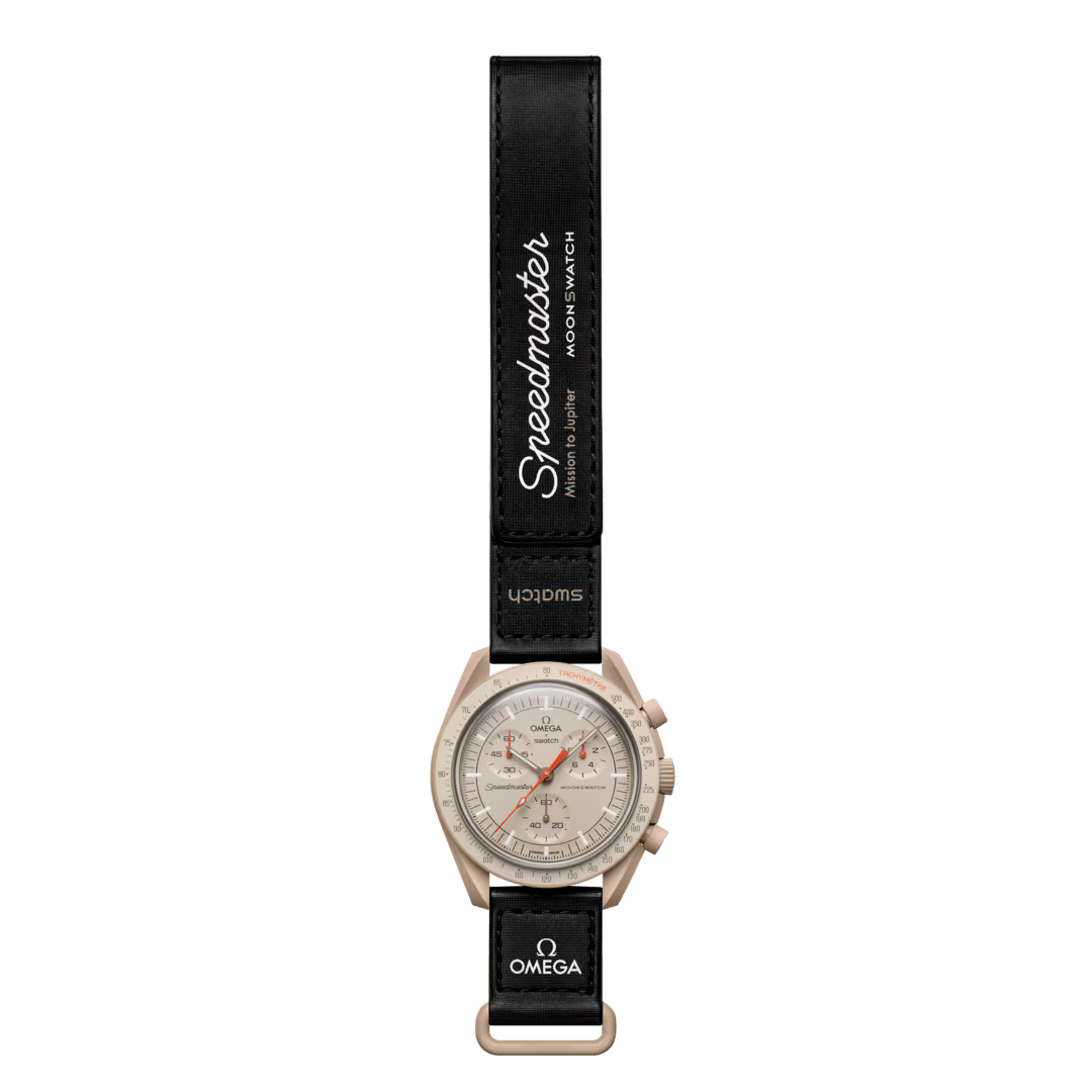 Full view of Omega x Swatch MoonSwatch Mission to Jupiter watch with black VELCRO strap - Salam Luxury