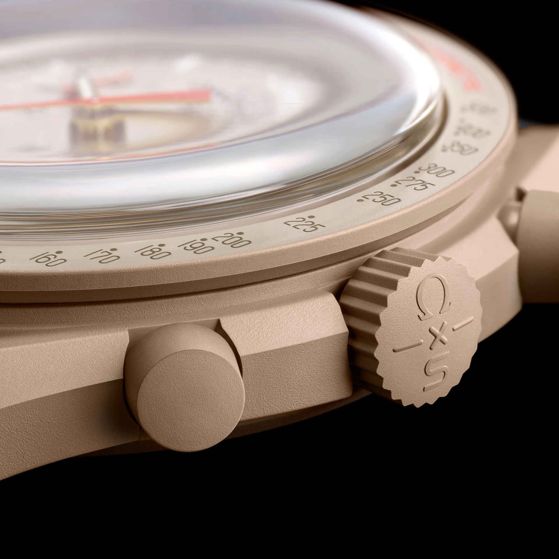 Close up side view of Omega x Swatch MoonSwatch Jupiter beige case and crown - Salam Luxury