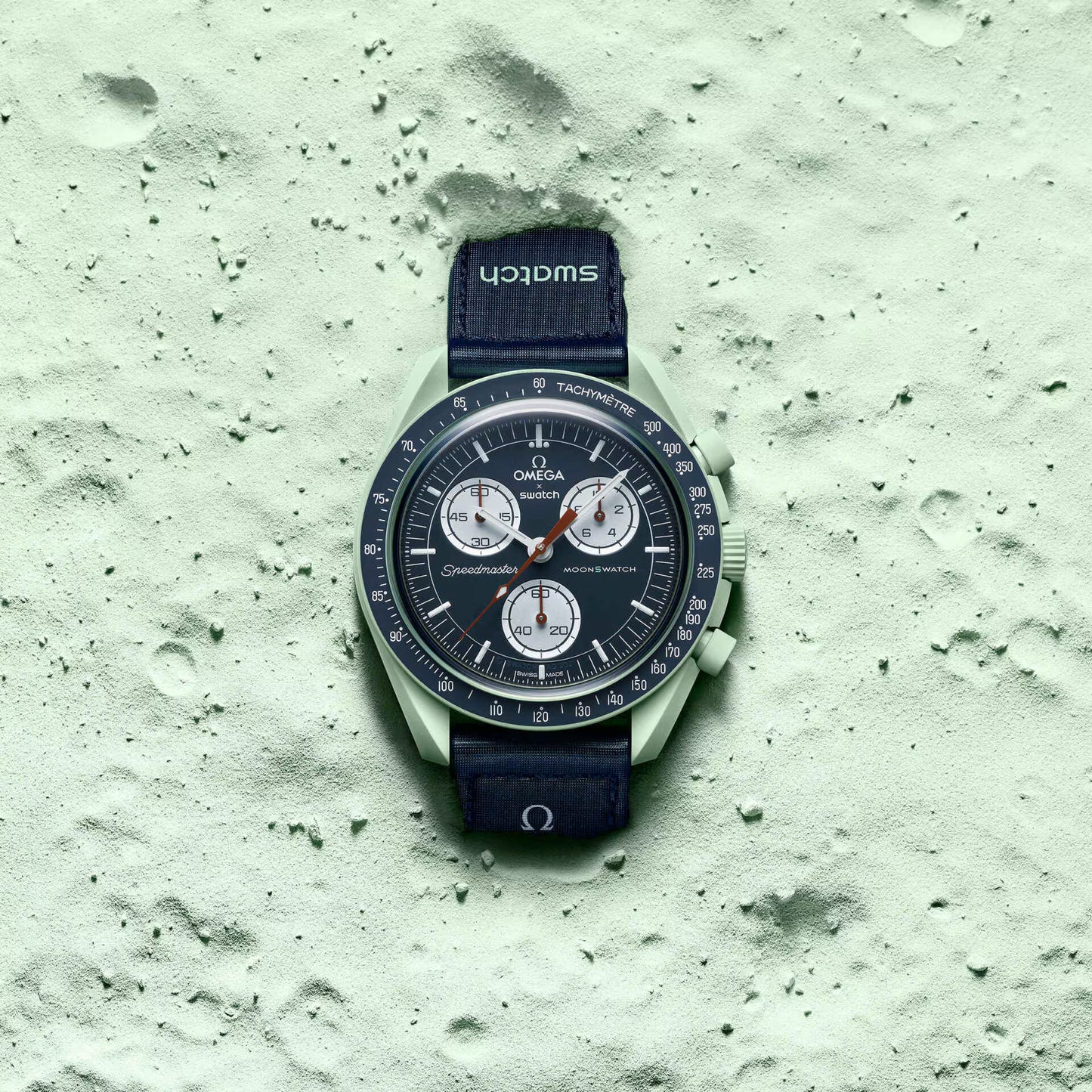 Omega x Swatch Bioceramic MoonSwatch Mission on Earth green and blue watch on lunar surface – Salam Luxury