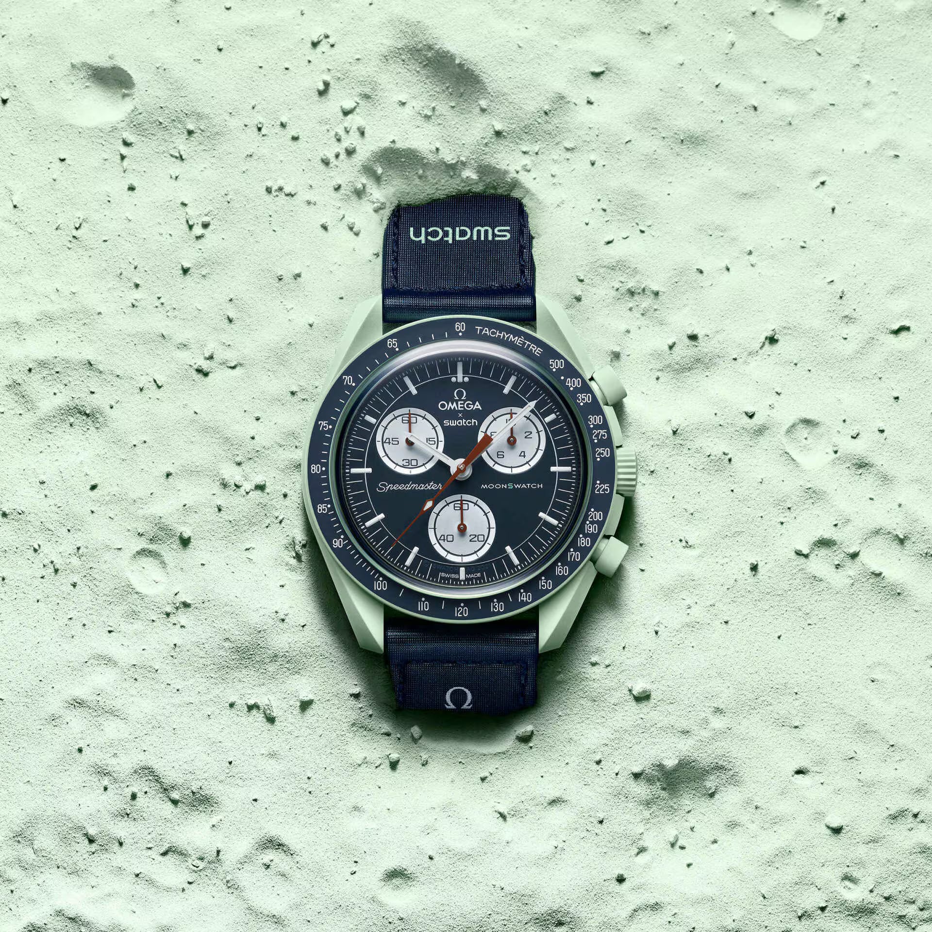 Omega x Swatch Bioceramic MoonSwatch Mission on Earth green and blue watch on lunar surface – Salam Luxury