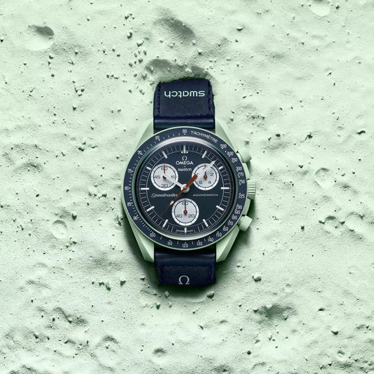 Omega x Swatch Bioceramic MoonSwatch Mission on Earth green and blue watch on lunar surface – Salam Luxury